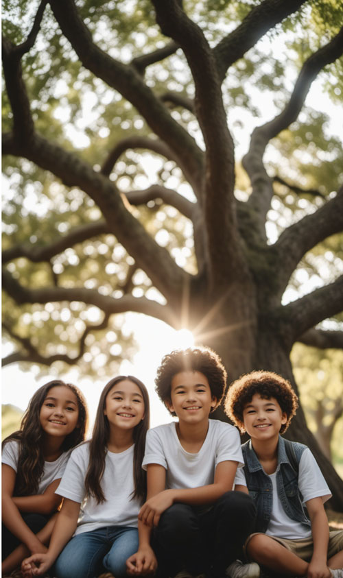 kids under a tree with light shining through the branches