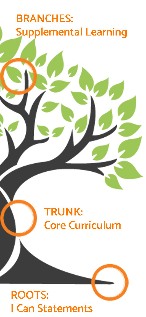 Cottonwood tree  logo with highlighted branches, trunk and roots representing supplemental learning, core education, and I Can Statements