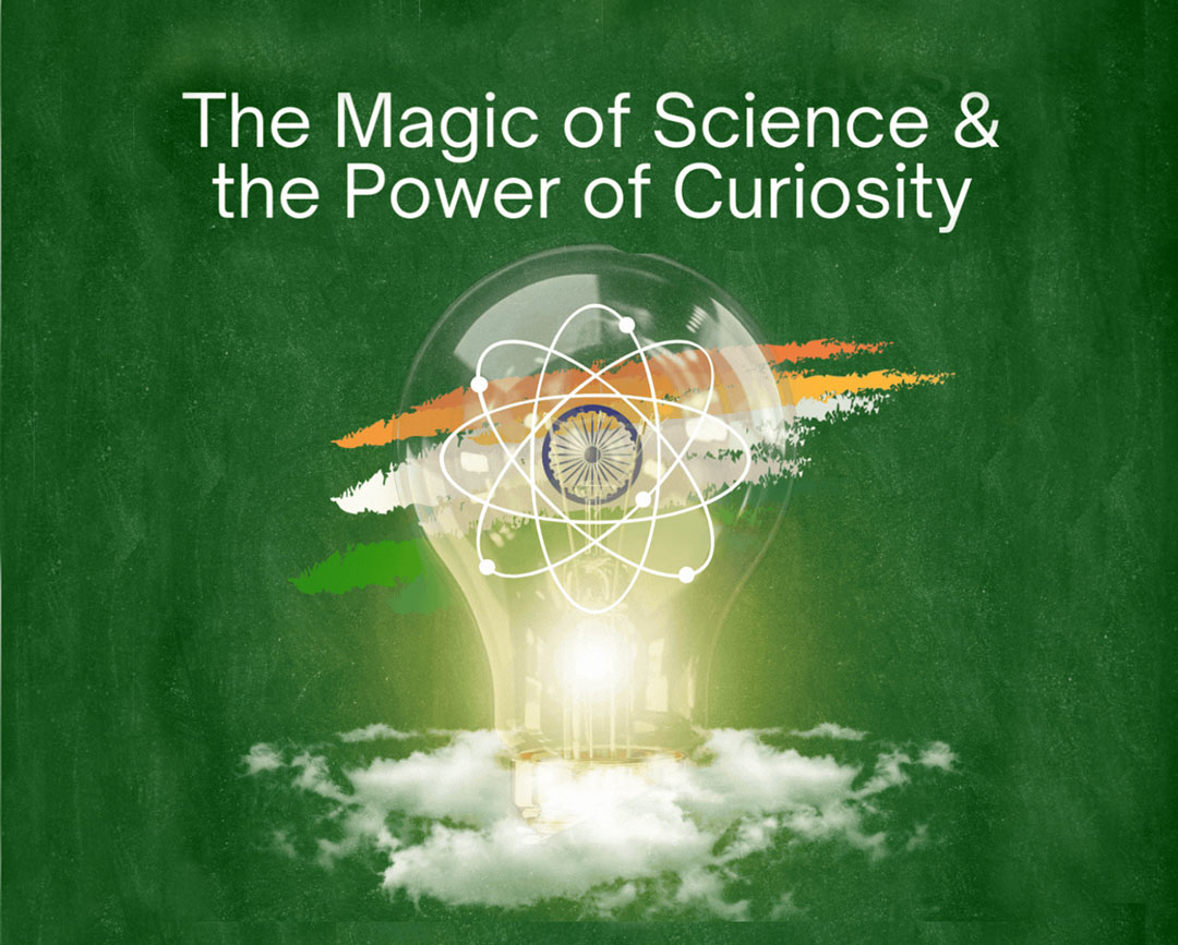 graphic of lightbulb against a green background with clouds below the bulbe and the words The Magic of Science and the Power of Curiosity above the design