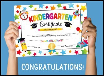 certif photo of two hands holding a colorful certificate that says kindergarten certificate