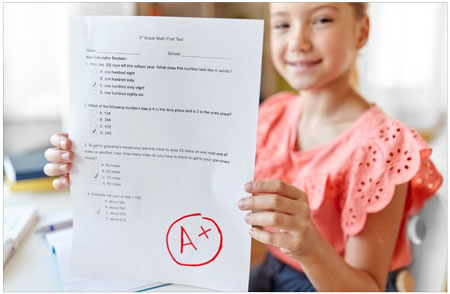 testsuccess girl holding up a test with the score of A+ marked at the bottom of the paper