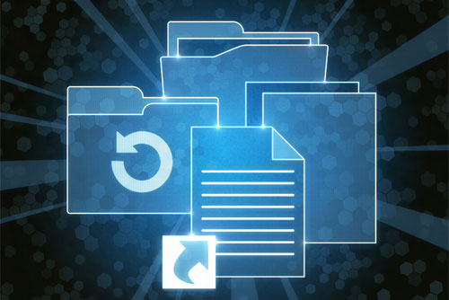 graphic in blue tones showing a document icon, and folder icons against a dark blue background