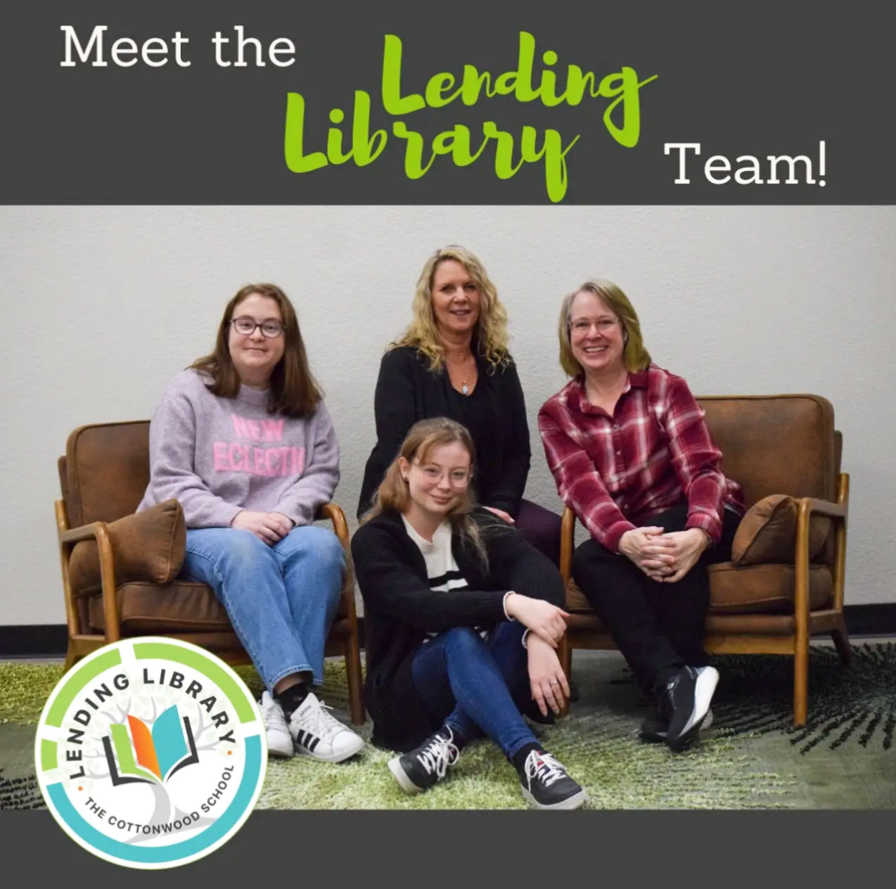 Photo of library staff with the words Meet the Lending Library Team and the Lending Library logo
