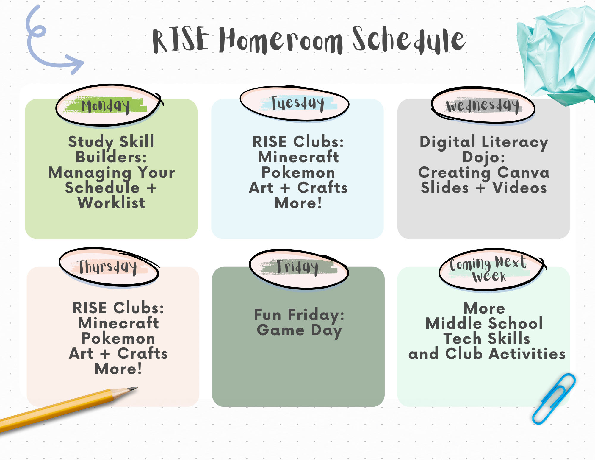 RISE Homeroom Schedule (2) RISE Homeroom schedule Aug 25-30 Monday:
